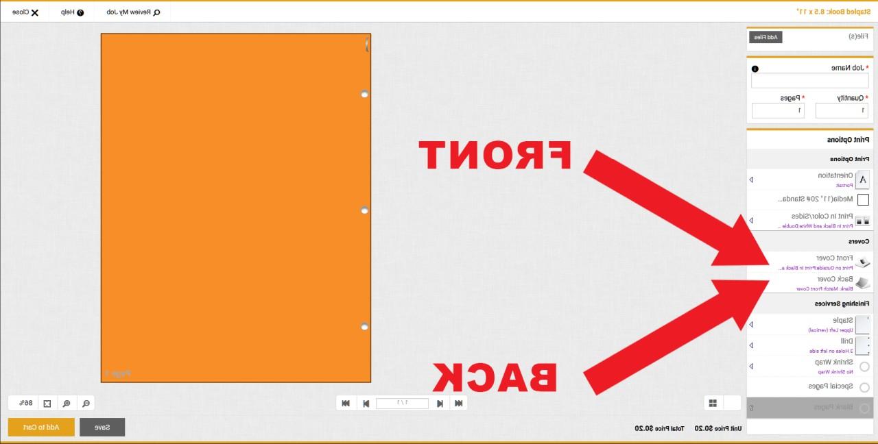 2个红色箭头. 1 pointing to front cover option. 2nd arrow pointing to back cover option